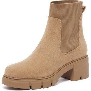 Redtop Women Cream Faux Suede Elastic Chunky Block Heel Platform Chelsea Boot